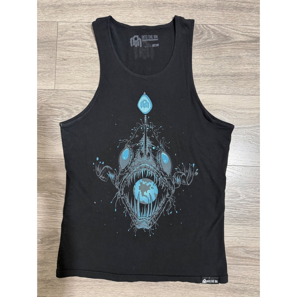 Into The AM Mens Anglerfish Globe Graphic Tank Top M Black Blue Gamer Sea Artsy
